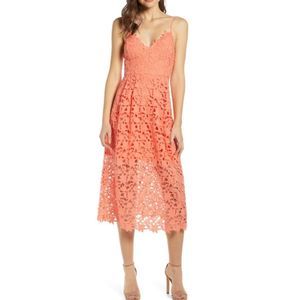 ASTR Midi Dress Small S Coral Pink Floral Lace Tank Cocktail Summer Resort NWT